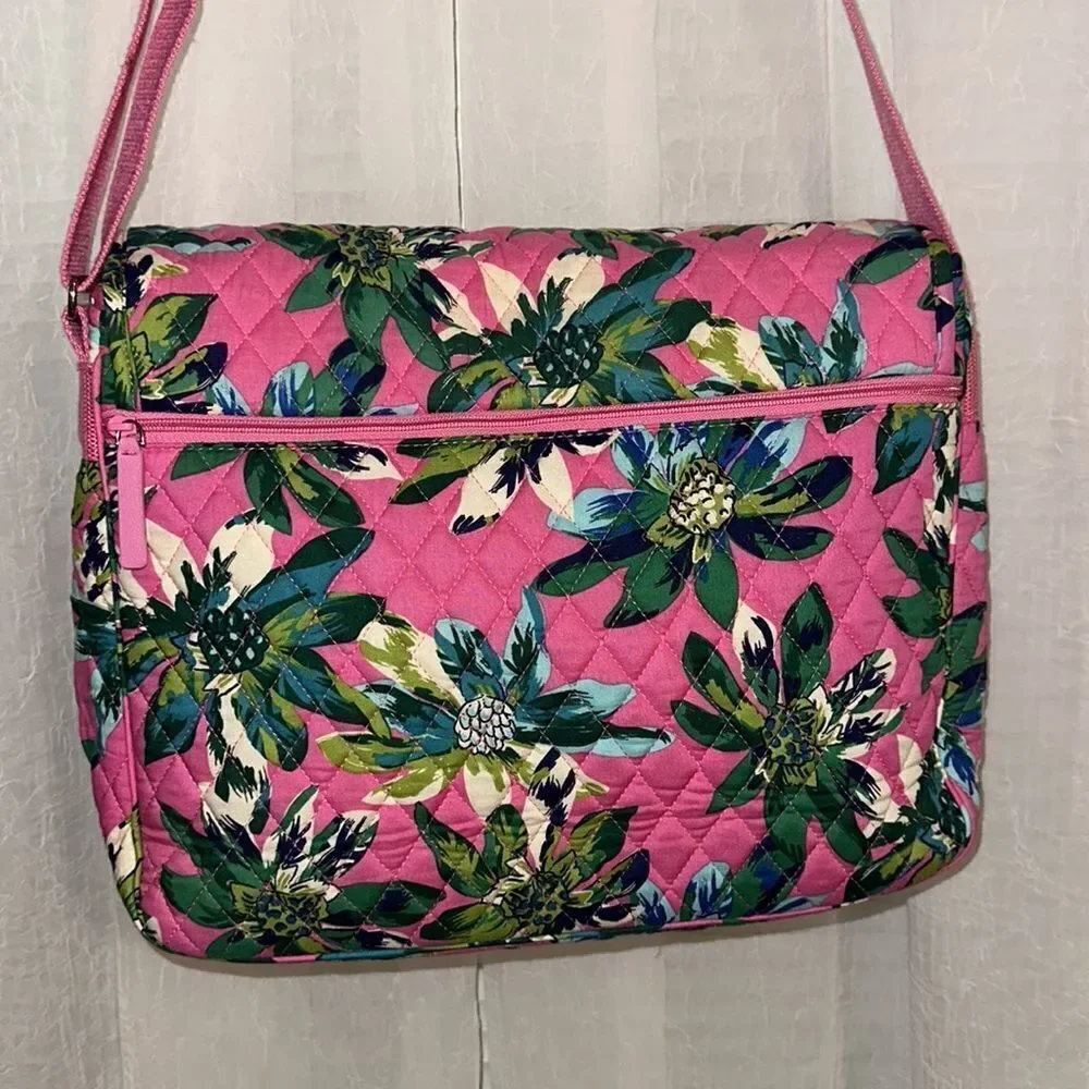 Vera Bradley LightenUp Tropical Paradise Pink Green Beige Messenger Shoulder Bag